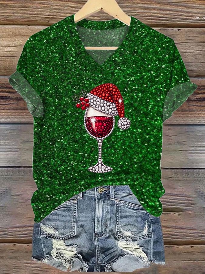 🦌Buy 3 Get 15% Off🦌Women's Christmas Red Wine Glass Printed Casual T-Shirt