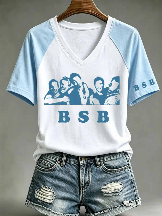 Damen-T-Shirt mit Musikprint, V-Ausschnitt und kurzen Ärmeln
