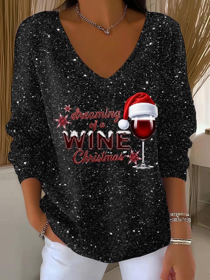 🦌Buy 3 Get 15% Off🦌Women's Dreaming Of A Wine Christmas Print V Neck Sweater