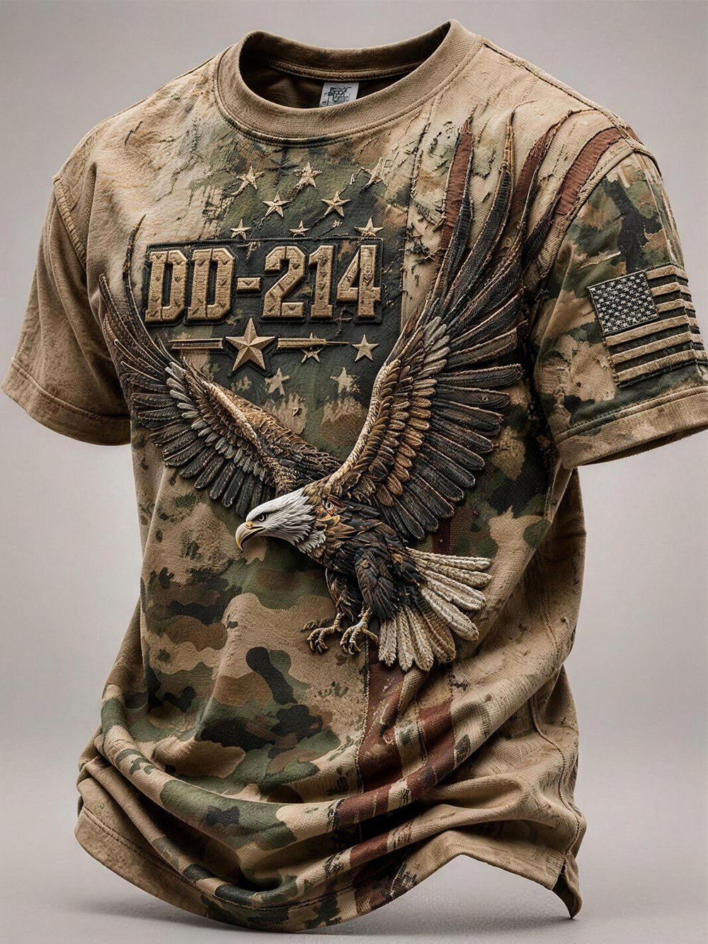 Men's Casual Veteran-Print Short-Sleeve Waffle-Knit Crew-Neck T-Shirt