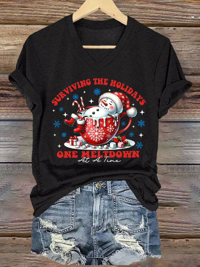 🦌Buy 3 Get 15% Off🦌V-Neck Retro Christmas Snowman In Coffee Surviving The Holidays One Meltdown At A Time Print T-Shirt