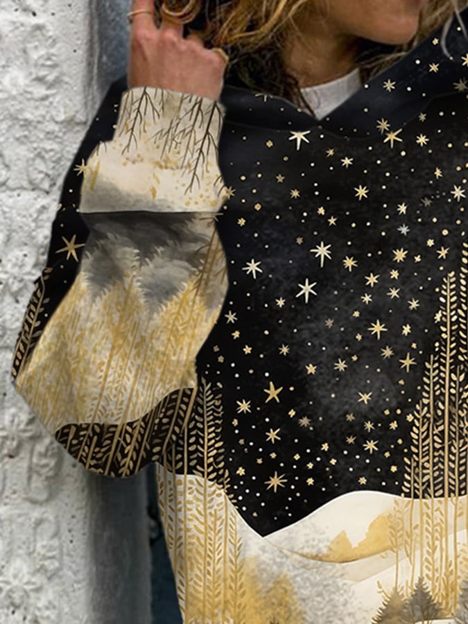 Retro Golden Christmas Tree And Stars Print Hoodie