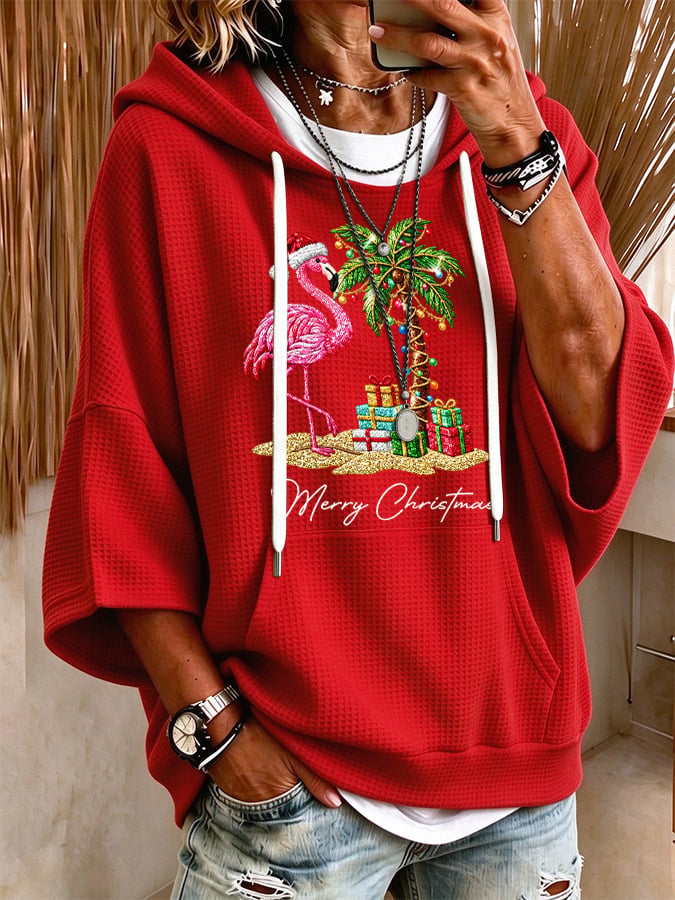 Women's Flamingo Christmas Print Hooded Sweatshirt