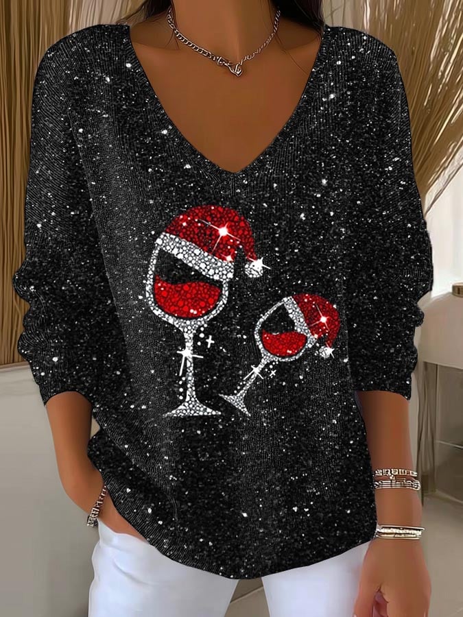 🦌Buy 3 Get 15% Off🦌Women's Christmas Red Wine Glass Print V Neck Sweater