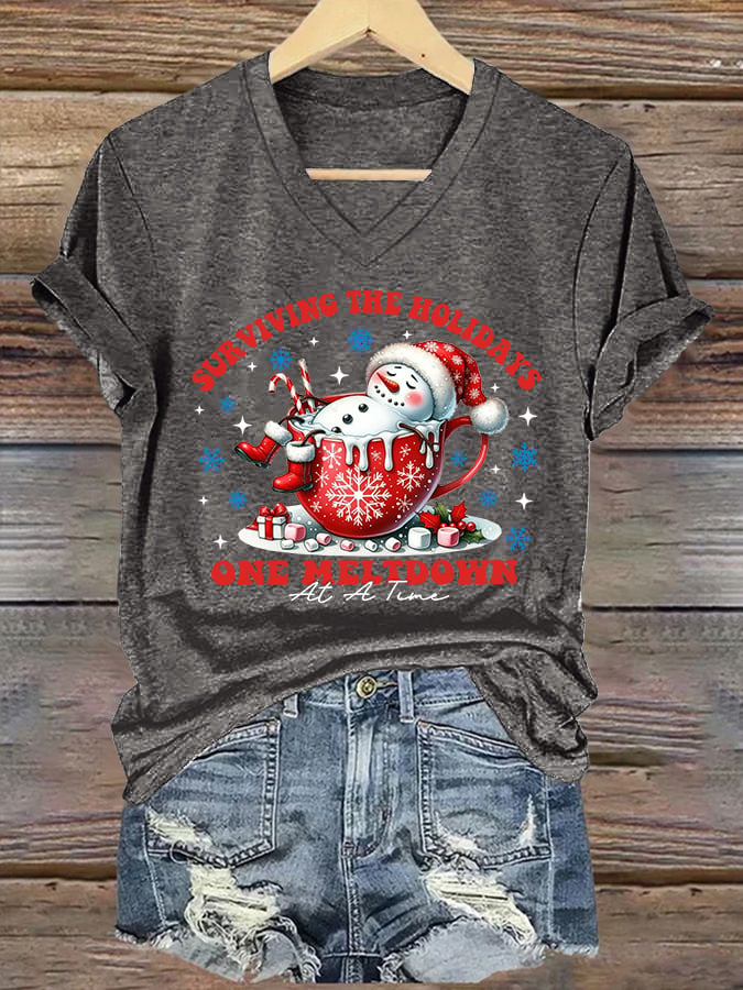 🦌Buy 3 Get 15% Off🦌V-Neck Retro Christmas Snowman In Coffee Surviving The Holidays One Meltdown At A Time Print T-Shirt
