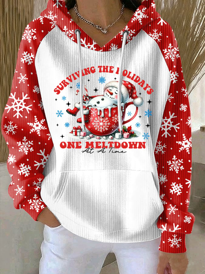 Retro Christmas Snowman In Coffee Surviving The Holidays One Meltdown At A Time Print Hoodie