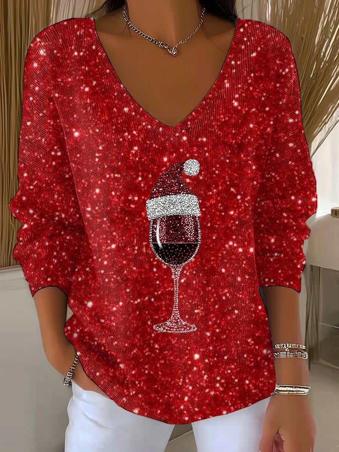 🦌Buy 3 Get 15% Off🦌Women's Christmas Red Wine Glass Print V Neck Sweater