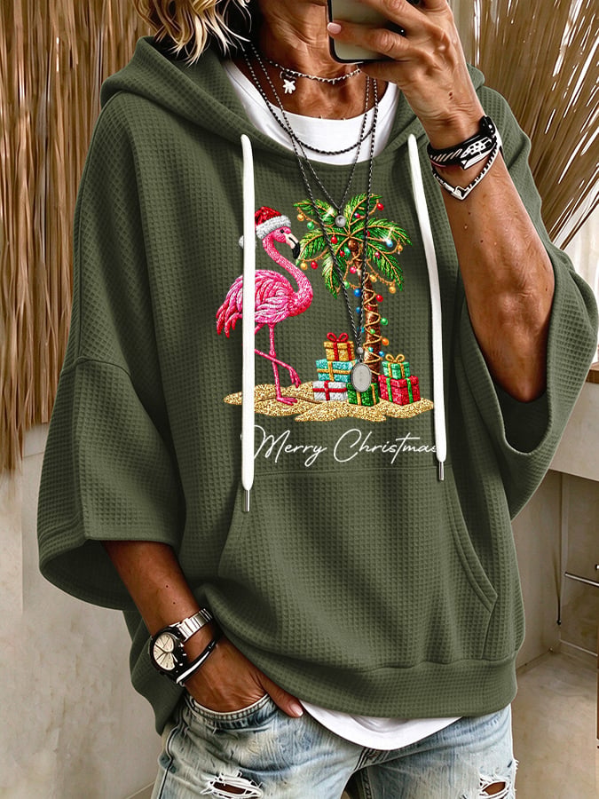 Women's Flamingo Christmas Print Hooded Sweatshirt