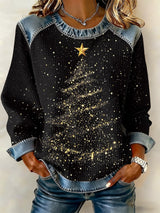 Retro Golden Christmas Tree Print Sweatshirt