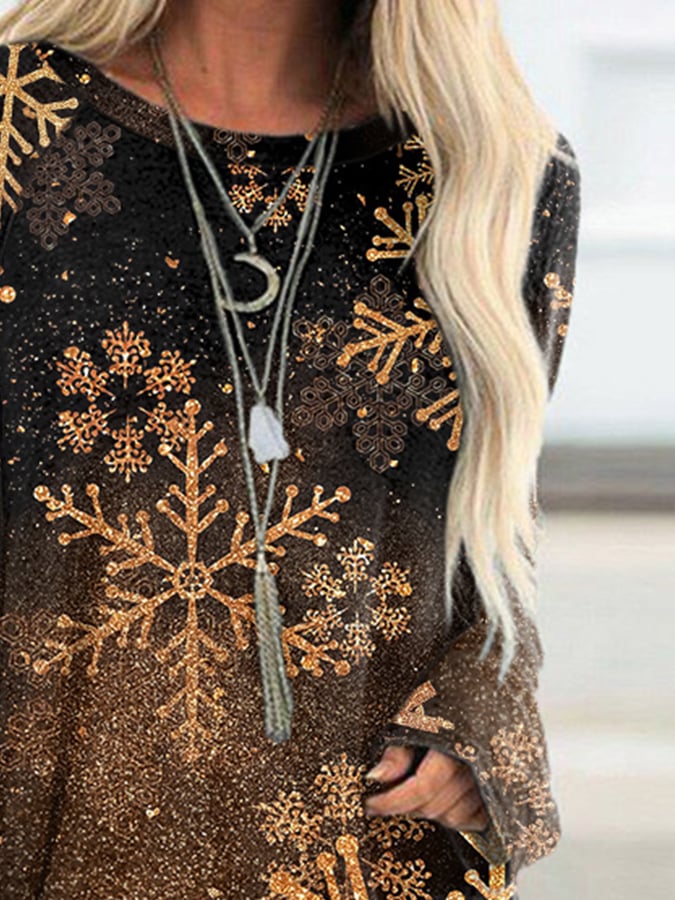 Retro Christmas Gold Gradient Snowflakes Print Tops