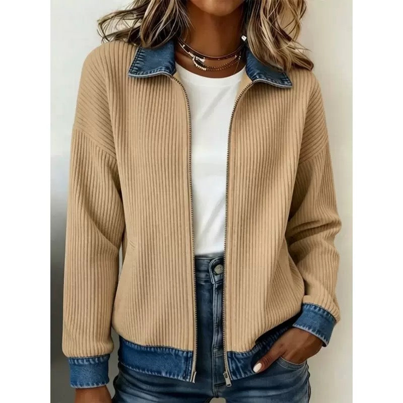🎁New Arrivals 🔥Women's Casual Ribbed Knit Zip-Up Jacket with Contrast Denim Details