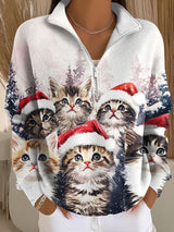 🦌Buy 3 Get 15% Off🦌Women's Christmas Cat Print Zip-Up Stand Collar Sweatshirt
