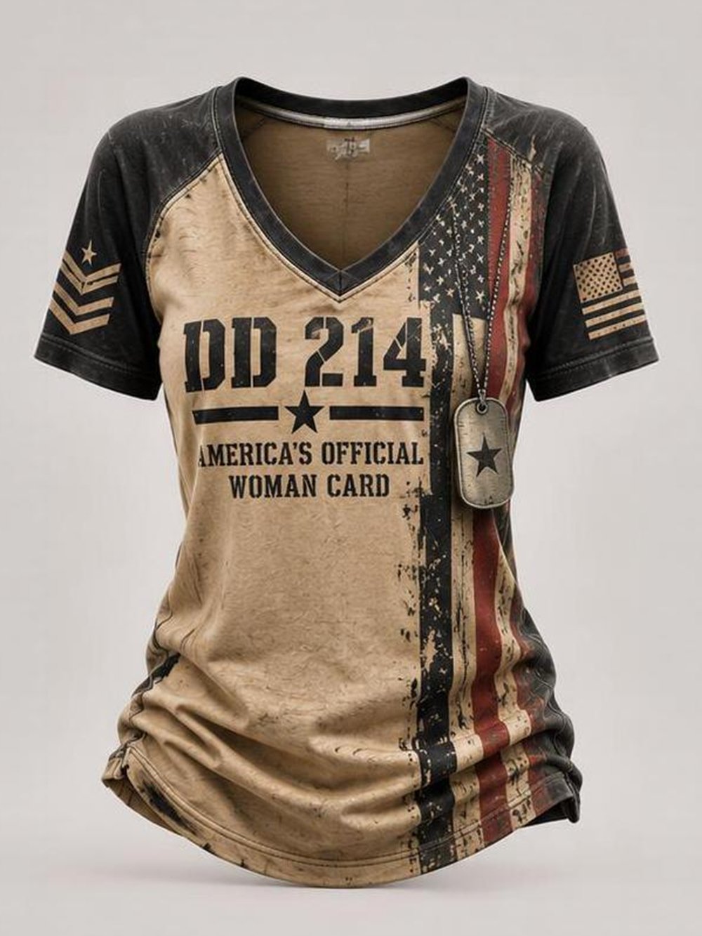 Women's Casual Short-Sleeve V-Neck Tee – "DD214 America Official Woman Card" Print