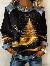 Retro Golden Christmas Tree And Reindeer Print Sweatshirt