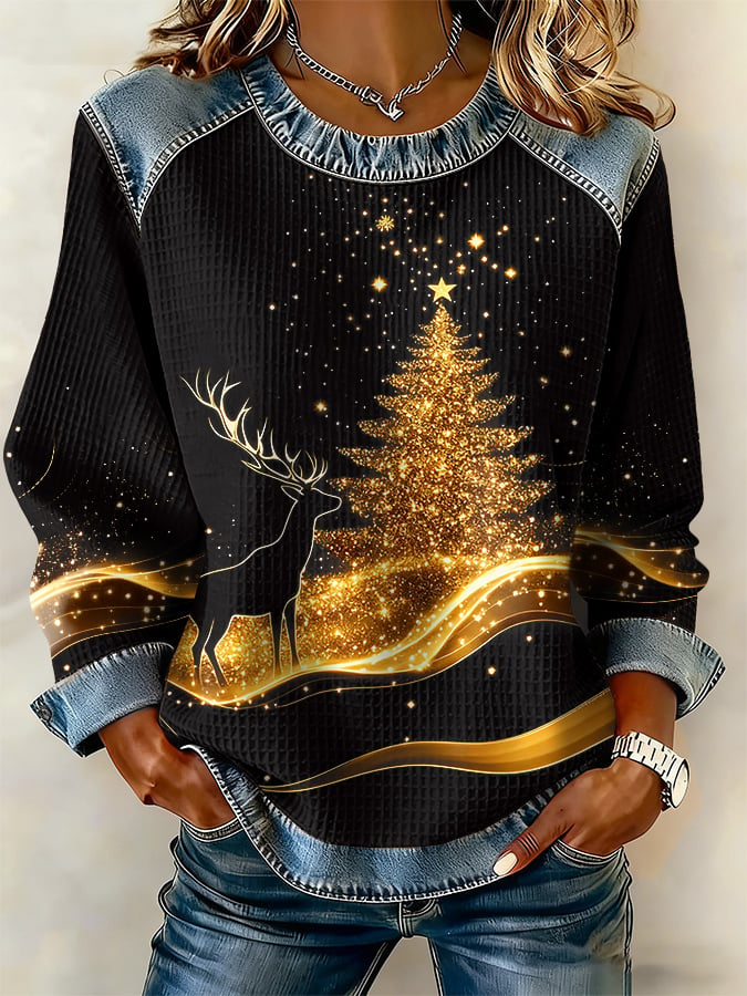 Retro Golden Christmas Tree And Reindeer Print Sweatshirt