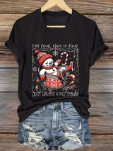 🦌Buy 3 Get 15% Off🦌V-Neck Retro Christmas Funny Snowman Hot Cocoa I'm Fine, This Is Fine Just Having A Meltdown Print T-Shirt
