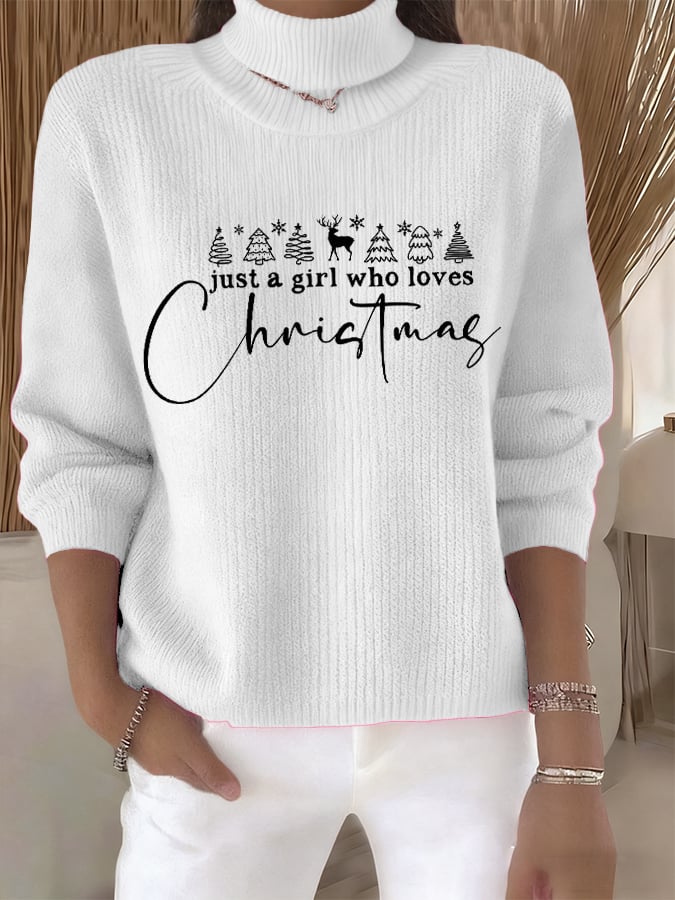 🦌Buy 3 Get 15% Off🦌Women's Retro Just A Girl Who Loves Christmas Print Turtleneck Knit Top