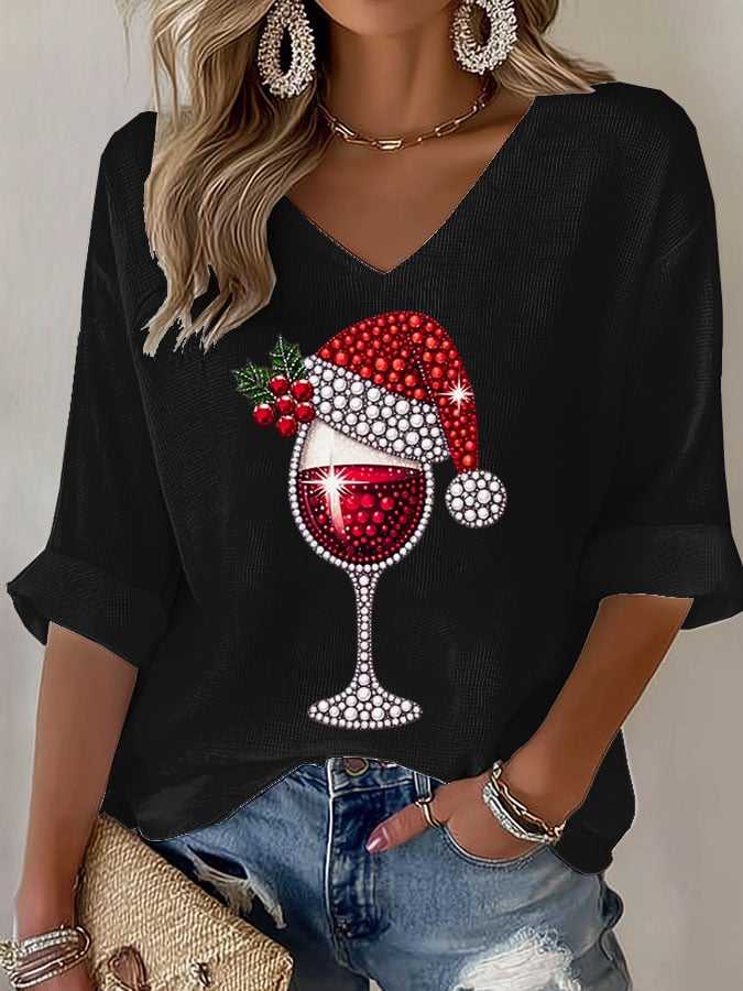 🦌Buy 3 Get 15% Off🦌Women's Wine Glass With Santa Hat Print V Neck T-shirt