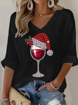 🦌Buy 3 Get 15% Off🦌Women's Wine Glass With Santa Hat Print V Neck T-shirt