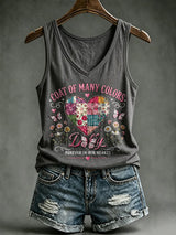 V-Neck Retro Coat Of Many Colors Forever In Our Hearts Print Tank Top