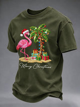 Men's Flamingo Christmas Print Round Neck T-shirt