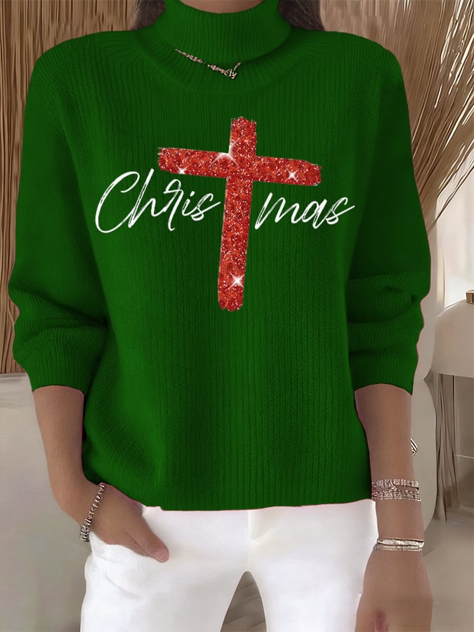Women's Retro Christmas Cross Faith Print Turtleneck Knit Top