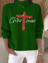 Women's Retro Christmas Cross Faith Print Turtleneck Knit Top