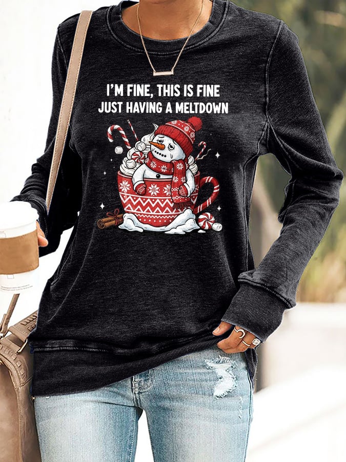 🦌Buy 3 Get 15% Off🦌Retro Christmas Funny Snowman Hot Cocoa I'm Fine, This Is Fine Just Having A Meltdown Print Sweatshirt