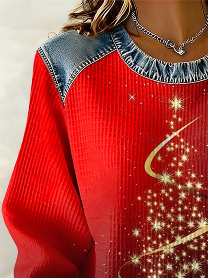 Retro Golden Christmas Tree Gradient Print Sweatshirt