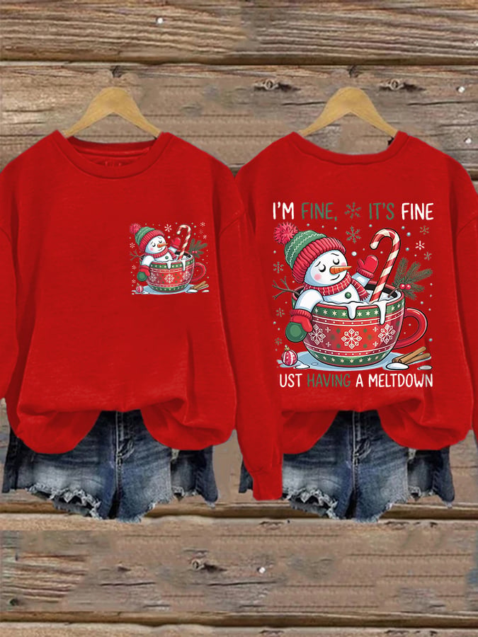 🦌Buy 3 Get 15% Off🦌Retro Christmas Funny Snowman I'm Fine, It's Fine Just Having A Meltdown Print Sweatshirt