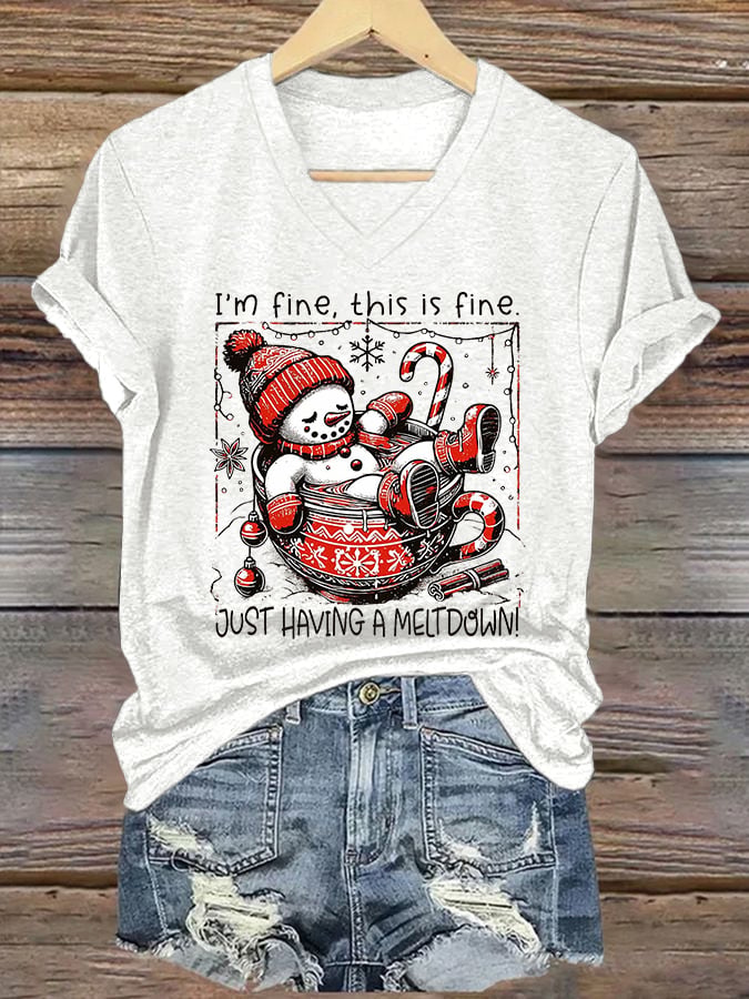 🦌Buy 3 Get 15% Off🦌V-Neck Retro Christmas Funny Snowman Hot Cocoa I'm Fine, This Is Fine Just Having A Meltdown Print T-Shirt