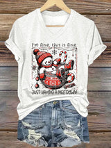 🦌Buy 3 Get 15% Off🦌V-Neck Retro Christmas Funny Snowman Hot Cocoa I'm Fine, This Is Fine Just Having A Meltdown Print T-Shirt