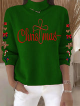 Women's Retro Christmas Cross Faith Print Turtleneck Knit Top