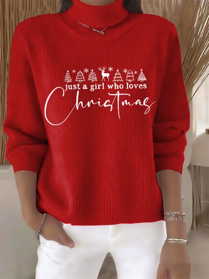 🦌Buy 3 Get 15% Off🦌Women's Retro Just A Girl Who Loves Christmas Print Turtleneck Knit Top
