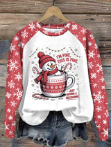 🦌Buy 3 Get 15% Off🦌Retro Raglan Sleeves Christmas Funny Snowman Hot Cocoa I'm Fine, This Is Fine Just Having A Meltdown Print Sweatshirt