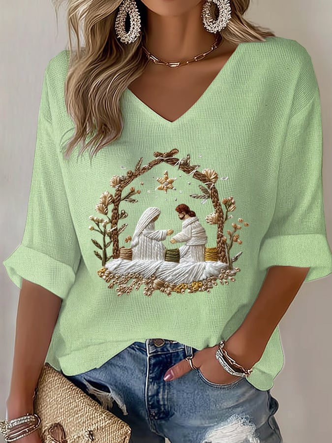 🦌Buy 3 Get 15% Off🦌Women's Nativity Faith Print T-shirt