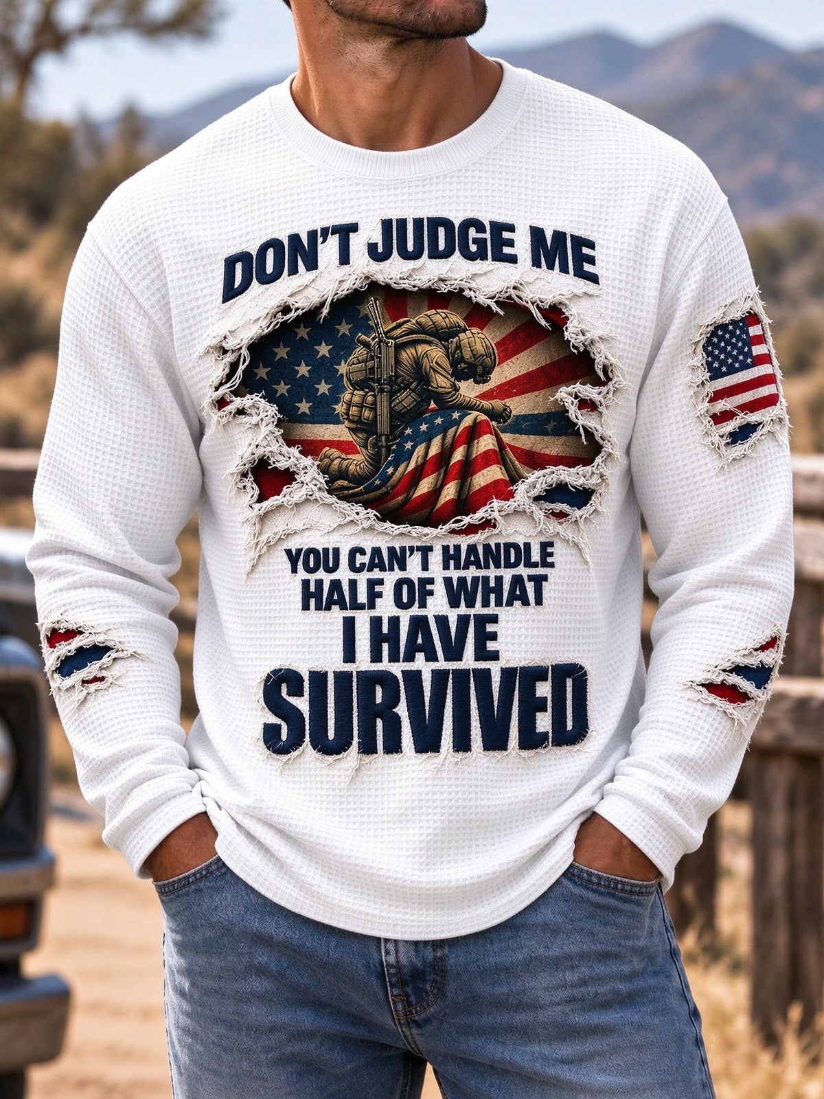 Men's "Survivor's Pride" Vintage Military Waffle Knit Sweatshirt