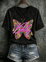 V Neck Retro Butterfly Queen Of Country Print T-Shirt