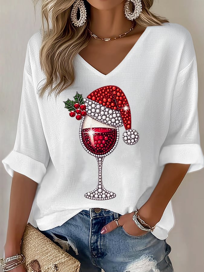 🦌Buy 3 Get 15% Off🦌Women's Wine Glass With Santa Hat Print V Neck T-shirt