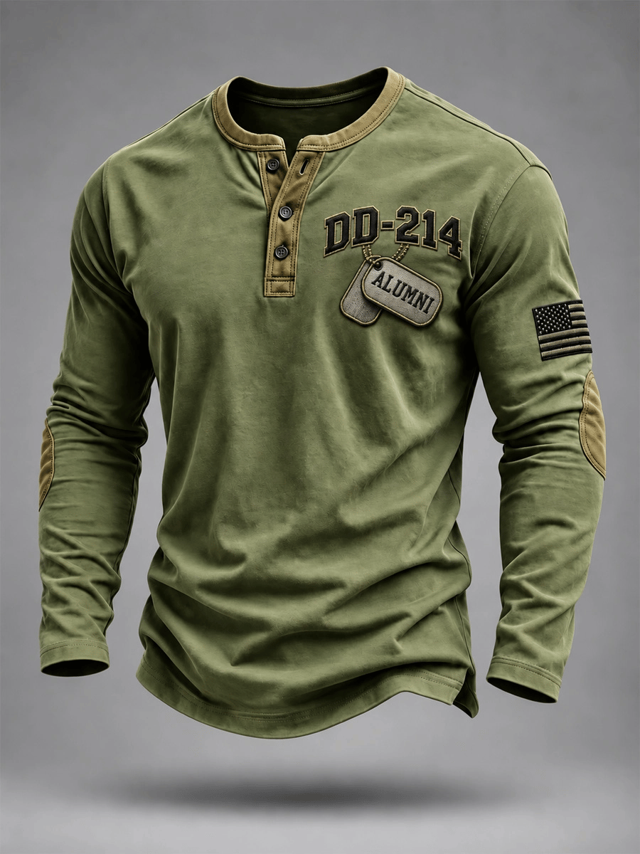 Men's Veterans Day DD-214 Alumni US Flag Print Casual Henley Shirt