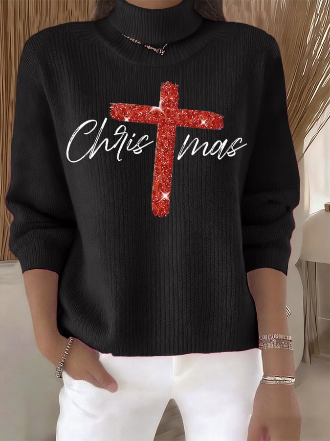 Women's Retro Christmas Cross Faith Print Turtleneck Knit Top