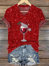 🦌Buy 3 Get 15% Off🦌Women's Christmas Red Wine Glass Printed Casual T-Shirt