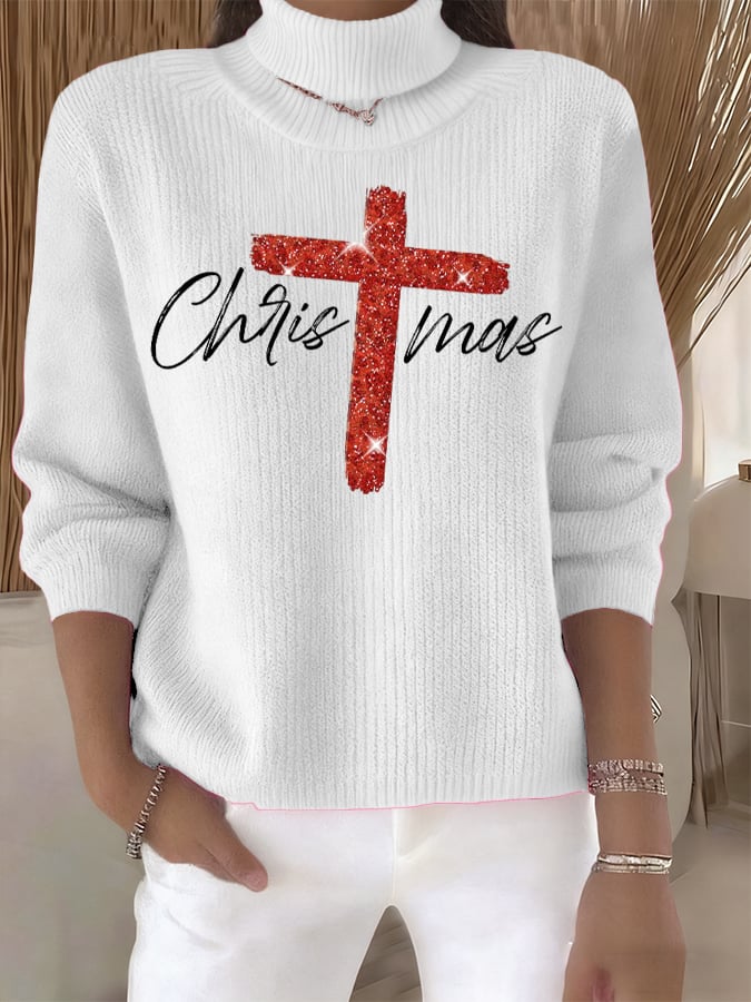 Women's Retro Christmas Cross Faith Print Turtleneck Knit Top