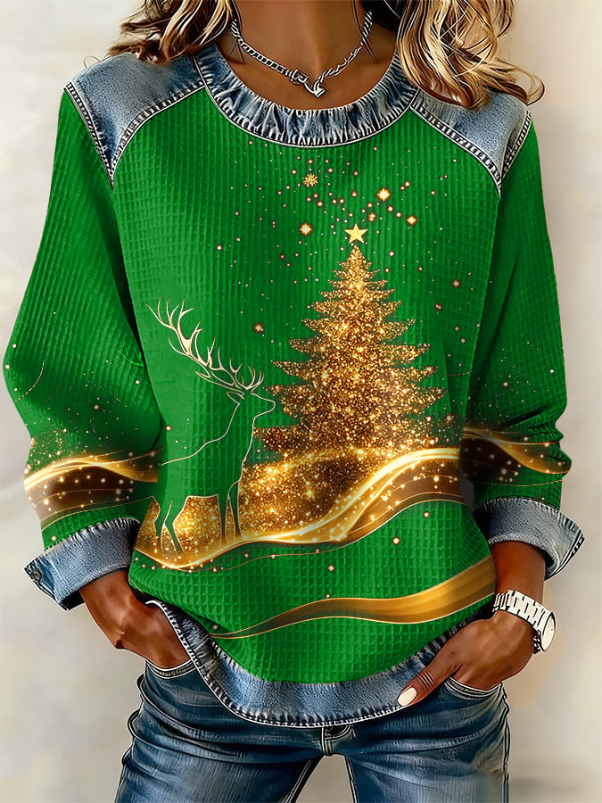 Retro Golden Christmas Tree And Reindeer Print Sweatshirt