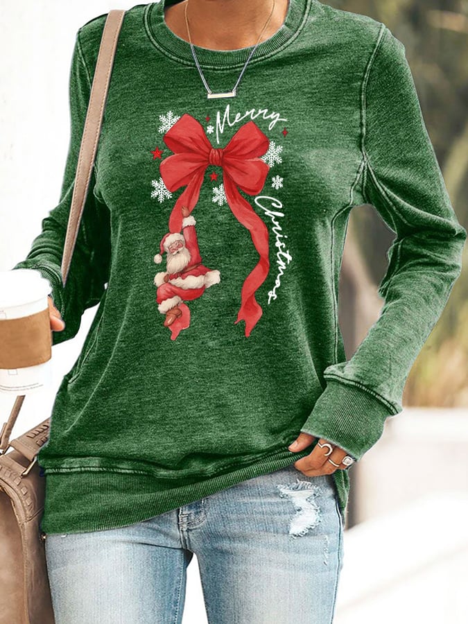 🦌Buy 3 Get 15% Off🦌Retro Merry Christmas Bow Santa Claus Snowflakes Print Sweatshirt