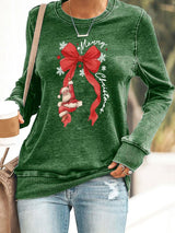 🦌Buy 3 Get 15% Off🦌Retro Merry Christmas Bow Santa Claus Snowflakes Print Sweatshirt