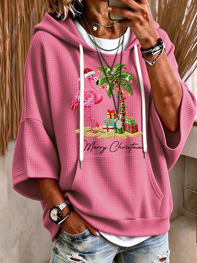 Women's Flamingo Christmas Print Hooded Sweatshirt