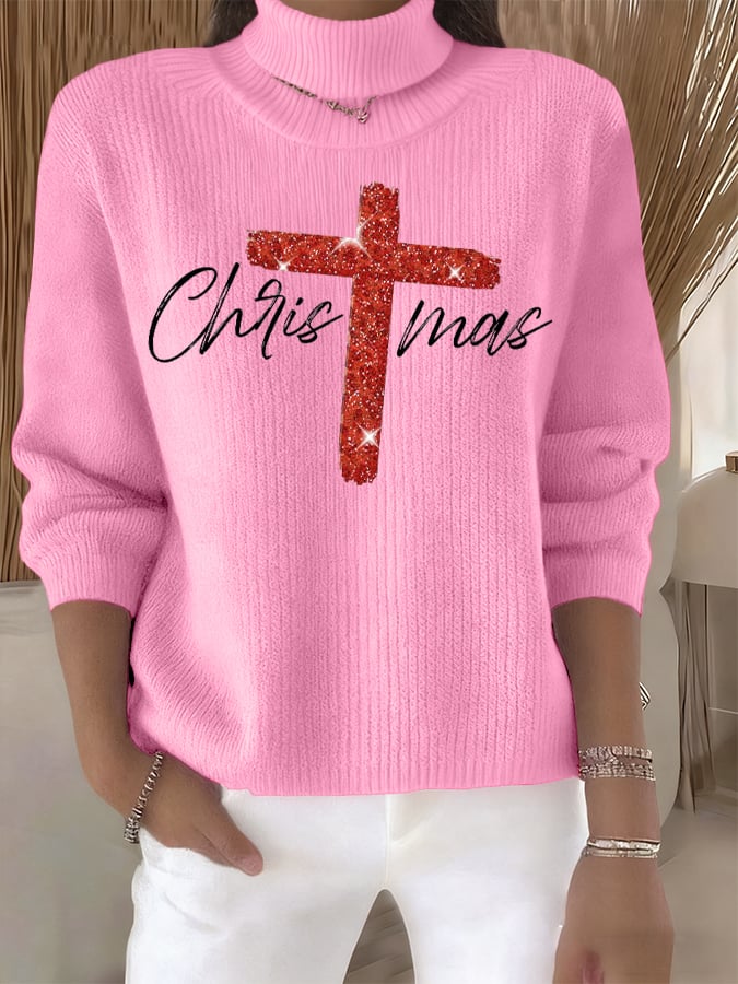Women's Retro Christmas Cross Faith Print Turtleneck Knit Top