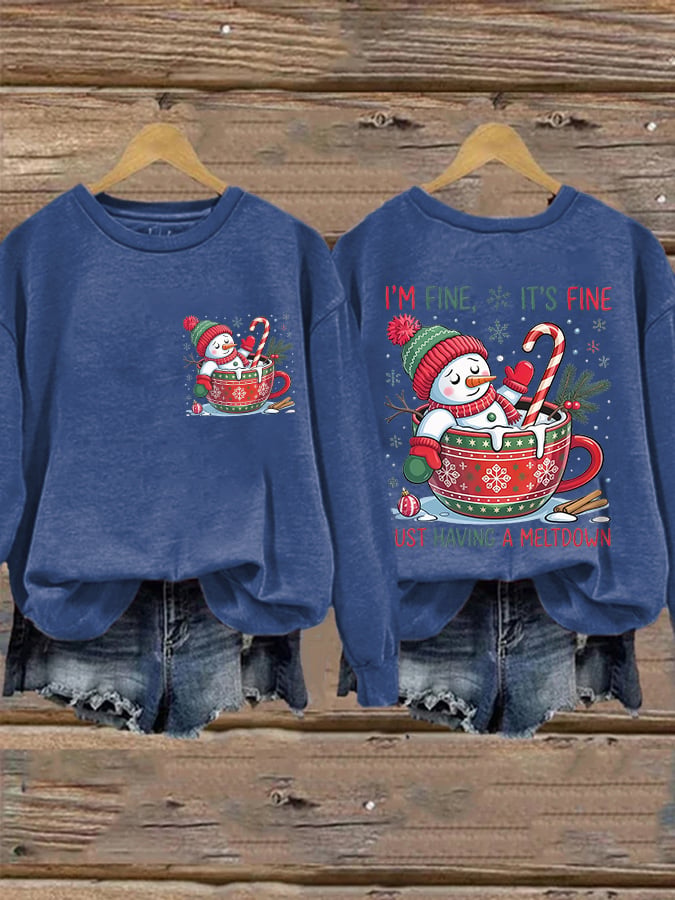 🦌Buy 3 Get 15% Off🦌Retro Christmas Funny Snowman I'm Fine, It's Fine Just Having A Meltdown Print Sweatshirt