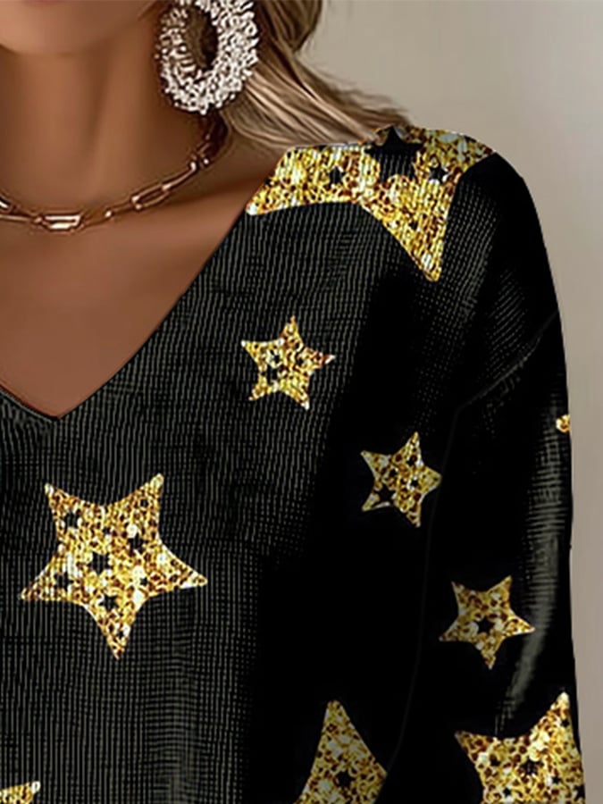 V-Neck Retro Christmas Golden Stars Print T-Shirt